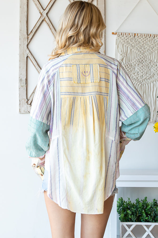 WASHED MIXED PLAID POCKET LONG SLEEVE SHIRT