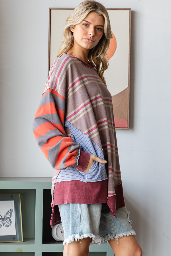 MULTICOLOR STRIPED LONG SLEEVE OVERSIZED TOP