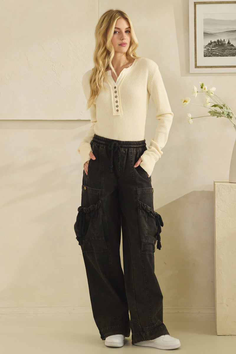 WASHED ELASTIC WAIST STRING POINT BIG POCKET PANTS