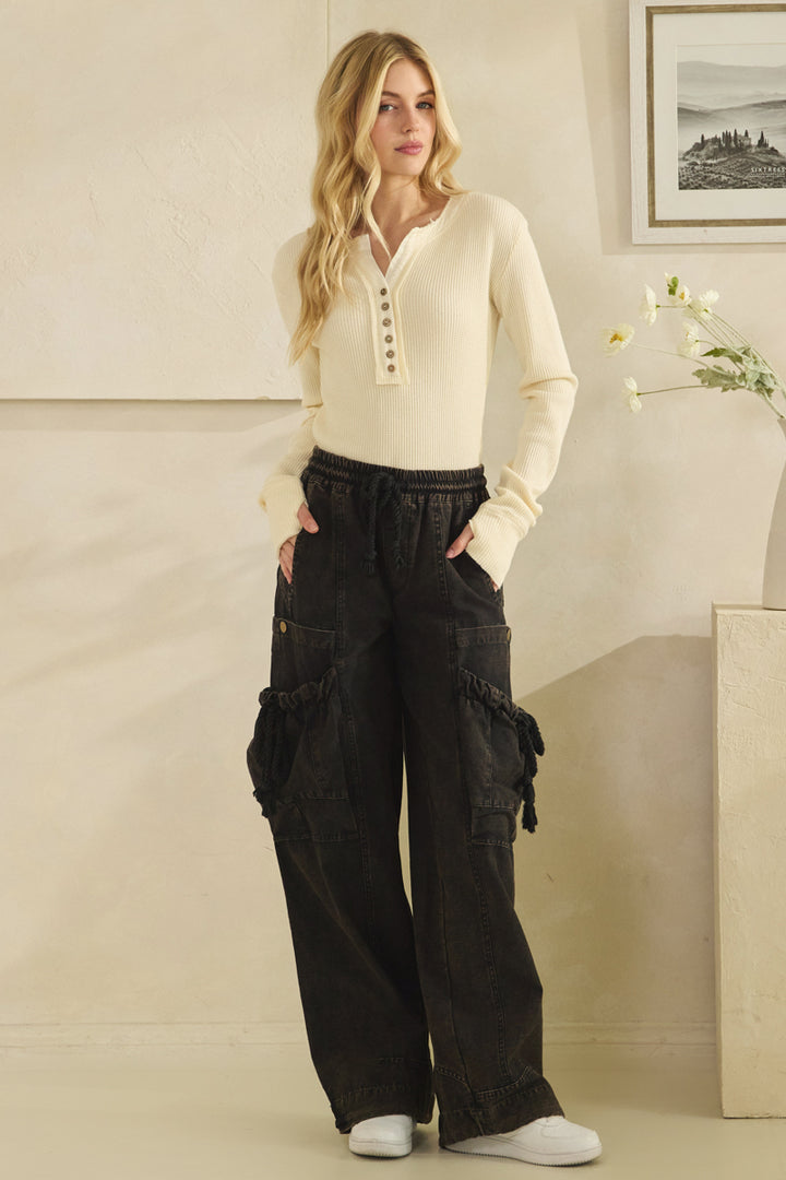 WASHED ELASTIC WAIST STRING POINT BIG POCKET PANTS