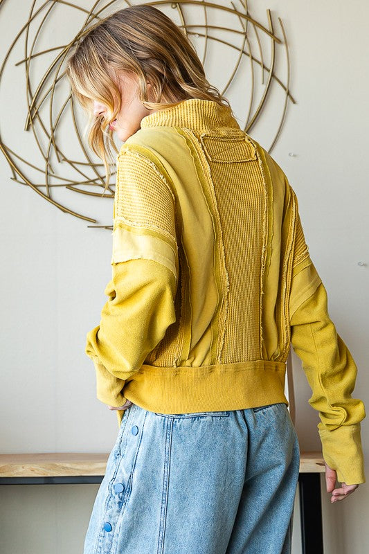 ZIP FRONT MIX HOODED CROPPED JACKET