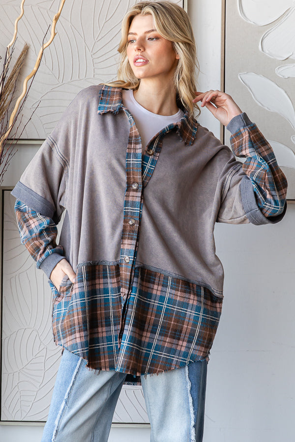 WASHED PLAID CONTRAST MIX MEDIA SHIRT