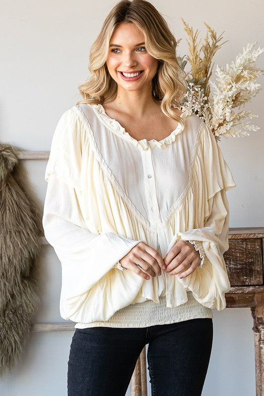 WASHED RUFFLE DETAIL WASHED SMOCKED HEM TOP