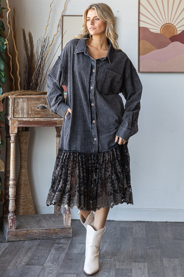 WASHED FLARE RUFFLE LACE HEM MIDI SHIRT DRESS