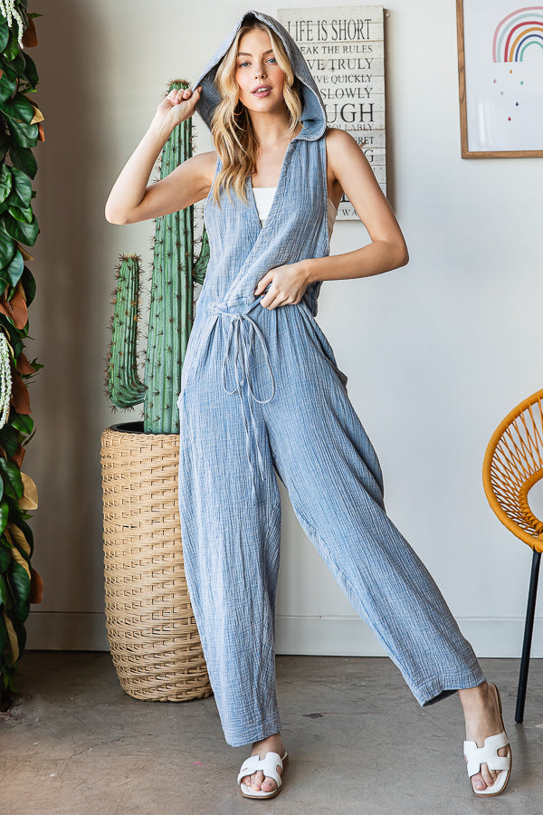 WASHED DRAWSTRING HOODED TIE WAIST LOOSE JUMPSUIT