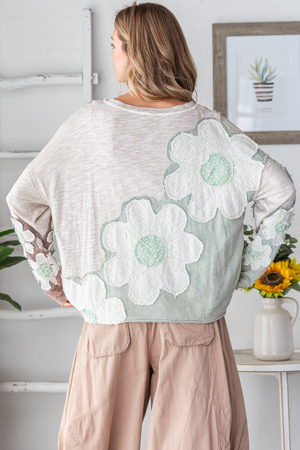 WASHED EYELET PATCHWORK LONG SLEEVE KNIT TOP