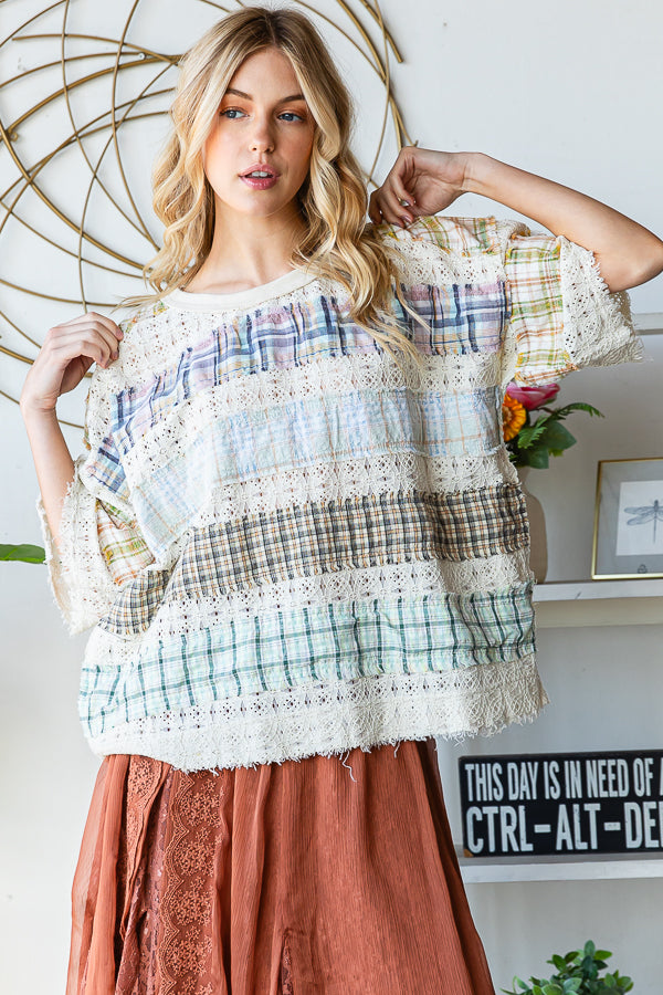 WASHED LACE INSERT PLAID MIX KNIT TOP