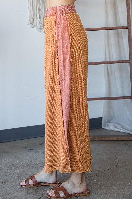WASHED ELASTIC WAIST BAND WIDE LEG CROPPED PANTS