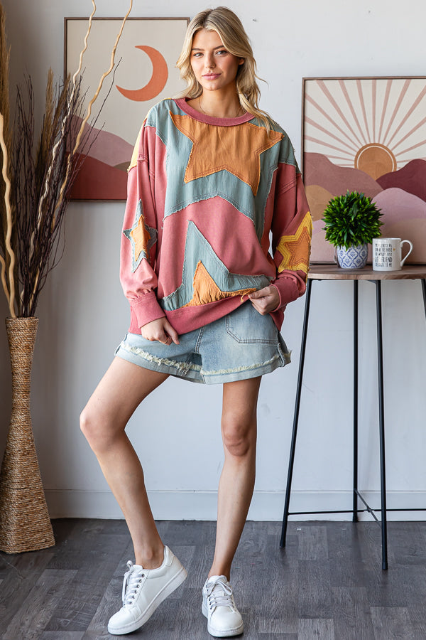 MINERAL WASHED STAR PATCHWORK PULLOVER TOP