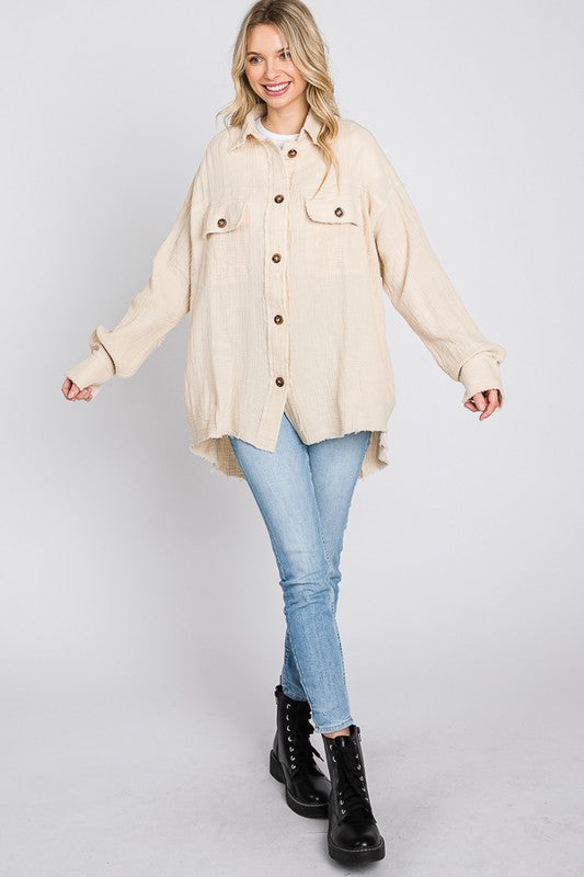 WASHED DOUBLE GAUZE BUTTON FRONT OVERSIZED SHACKET
