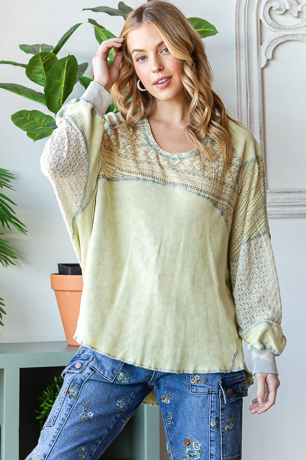 WASHED LACE CONTRAST YOKE LONG SLEEVE TOP