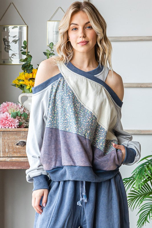 WASHED MIX MEDIA CUTOUT SHOULDER PULLOVER TOP