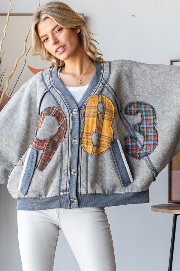 WASHED PACTHWORK BUTTON DOWN POCKETS CARDIGAN