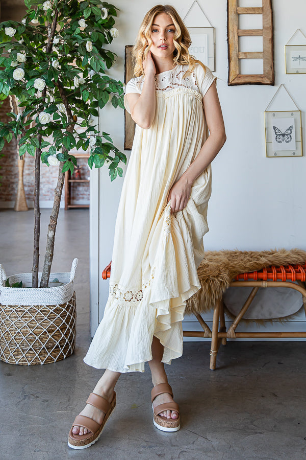 CROCHET YOKE RUFFLE FLARE HEM GAUZE MAXI DRESS
