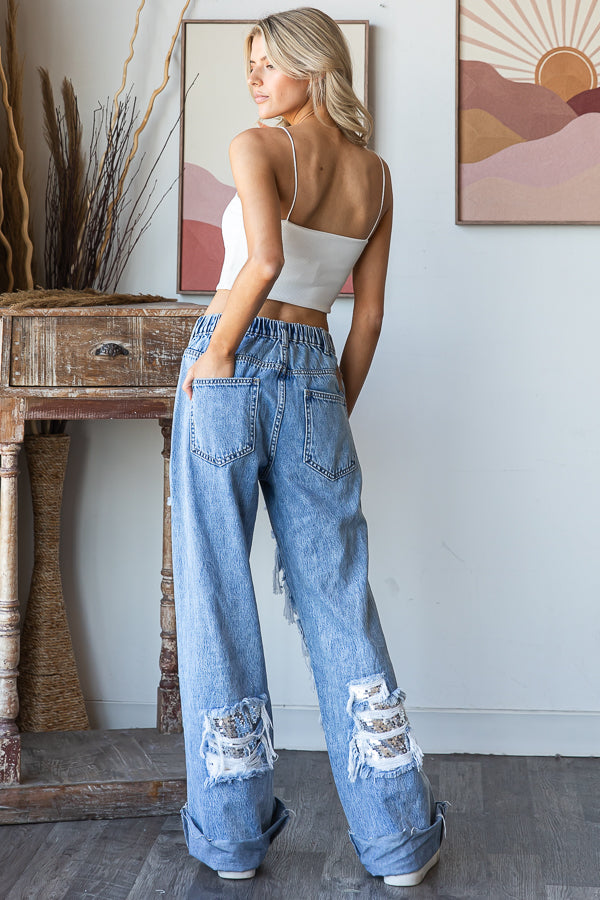 WASHED DISTRESSED SEQUENCE DENIM JEANS