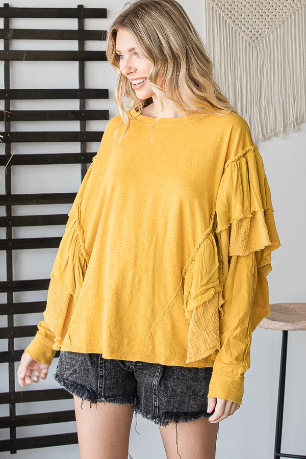 WASHED RUFFLE DETAIL DOLAM SLEEVE OVERSIZED TOP
