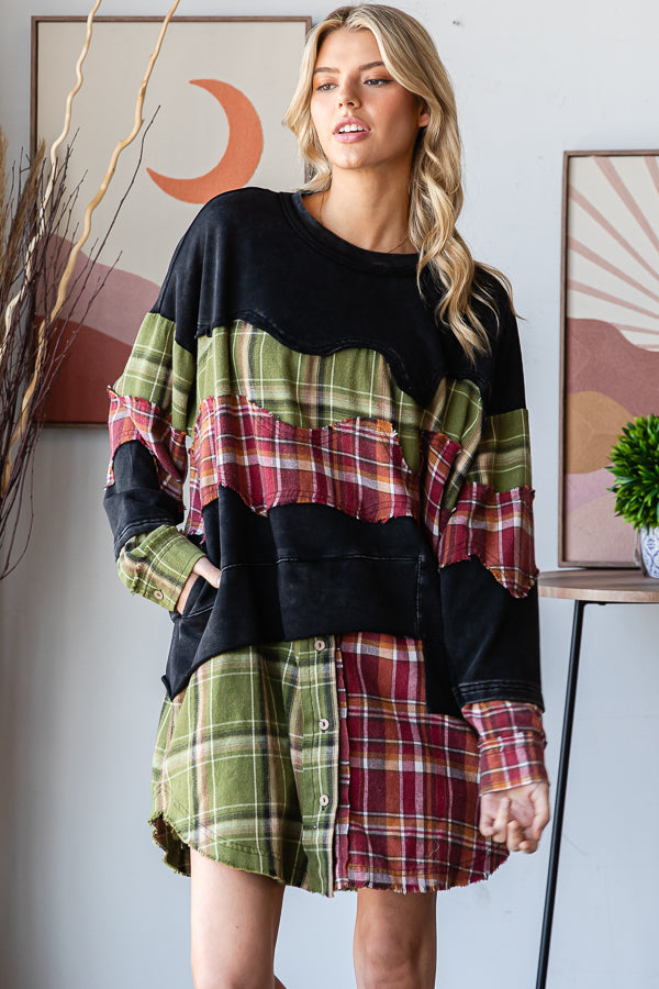 WASHED PLAID PATCHWORK TUNIC LONG SLEEVE TOP