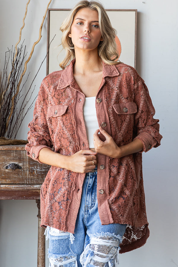 MINERAL WASHED BUTTON DOWN LACE TOP