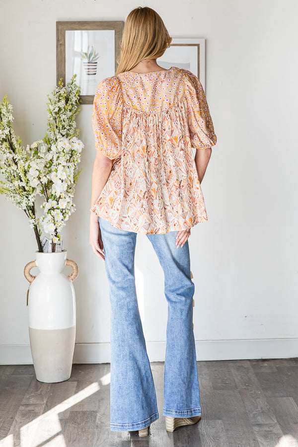 FLORAL MIXED PRINTED PUFF SHORT SLEEVE BLOUSE