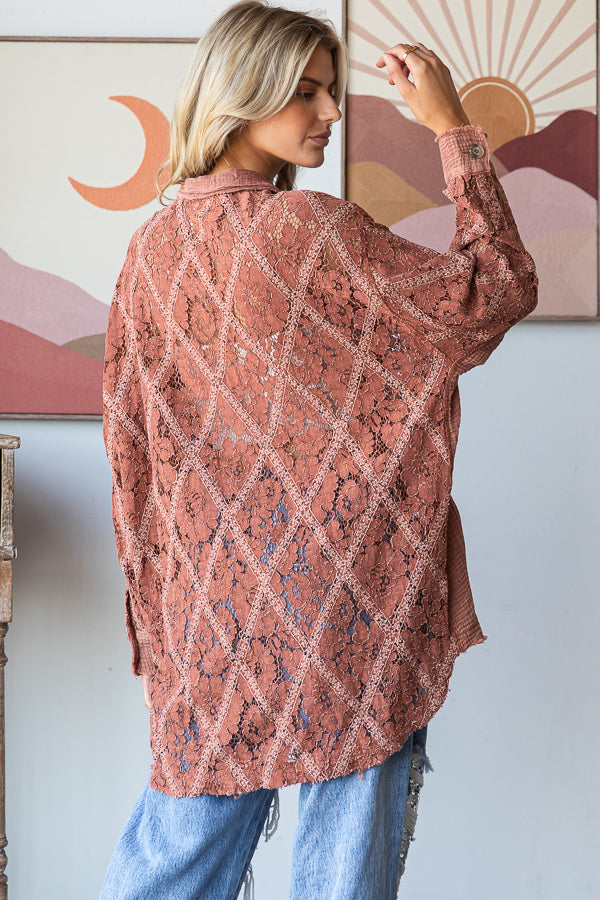 MINERAL WASHED BUTTON DOWN LACE TOP