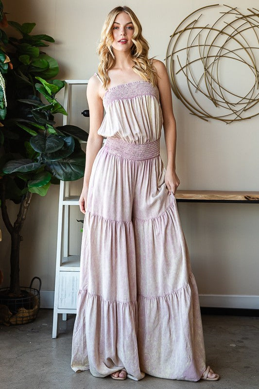 WASHED TIERED SMOCKED WAIST WIDE LEG JUMPSUIT