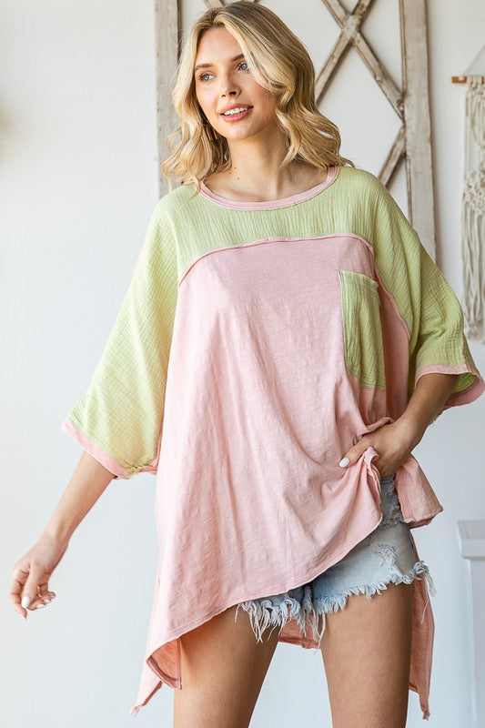 WASHED COLORBLOCK FRONT POCKET OVERSIZED BOX TEE