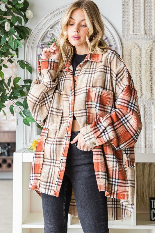 WASHED MIXED PLAID RAW HEM LONG SLEEVE SHIRT