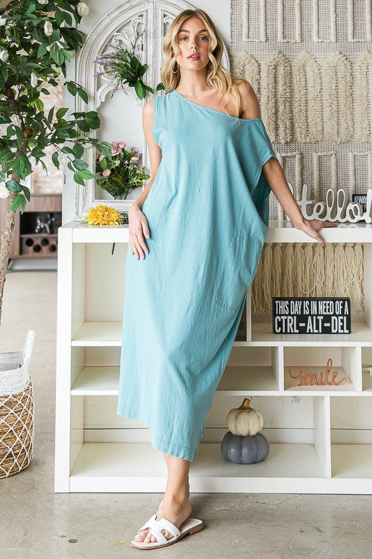 WASHED COTTON SLEEVELESS OVERSIZED MIDI DRESS