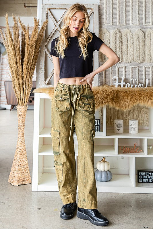 MINERAL WASHED DRAWSTRING WAIST CARGO PANTS