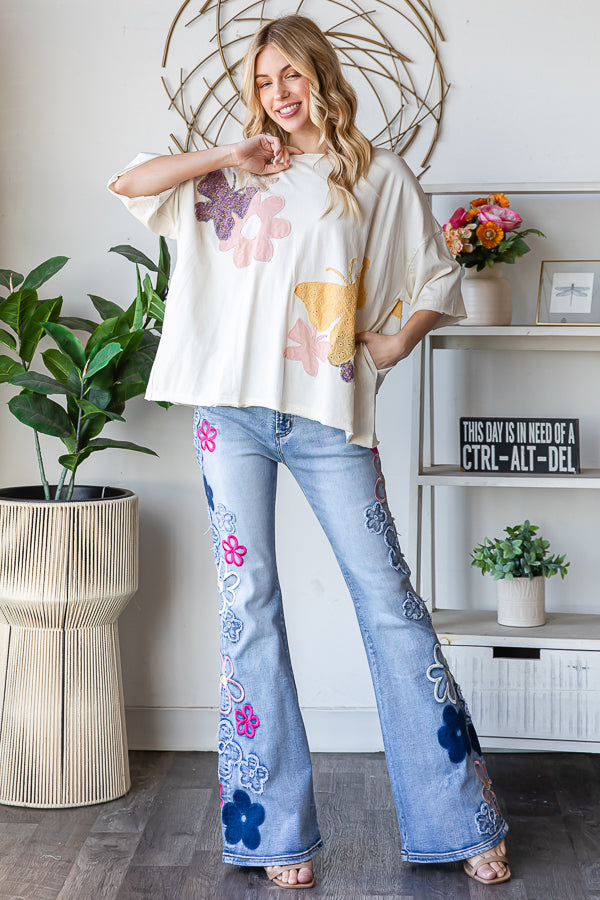 WASHED FLOWER BUTTERFLY PATCHWORK SHORT SLEEVE TOP