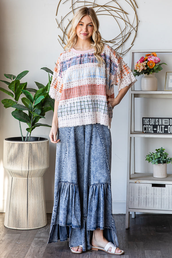 WASHED LACE INSERT PLAID MIX KNIT TOP