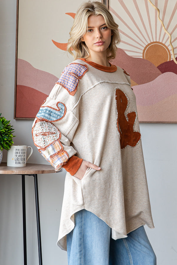 ROCK AND ROLL PATCHWORK LONG SLEEVE PULLOVER TOP