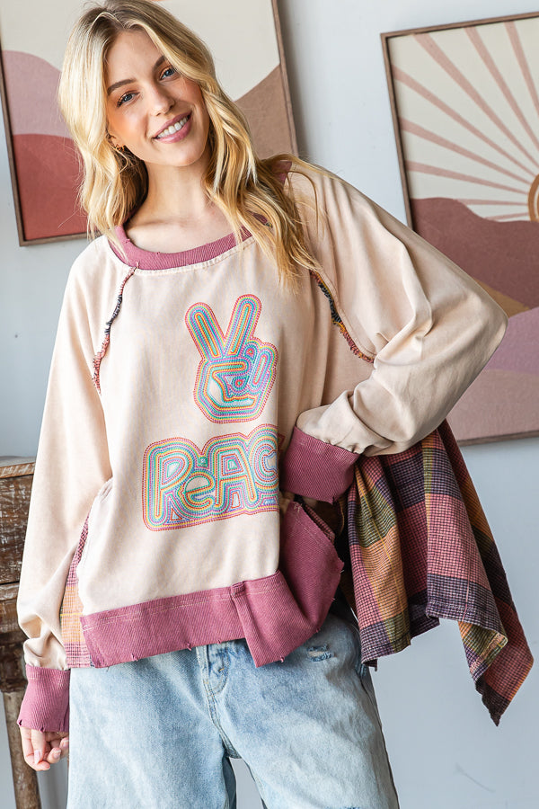 WASHED PEACE PATCHWORK PULLOVER TOP