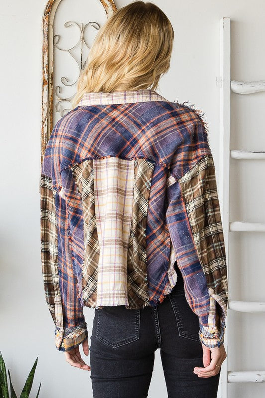 MIXED PLAID COLLAR NECK LONG SLEEVE CROPPED SHIRT
