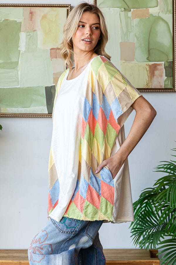 WASHED MULTICOLOR GEO PATCHWORK OVERSIZED TOP