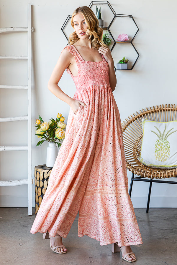 WASHED SMOCKED EYELET SLEEVELESS WIDE LEG JUMPSUIT