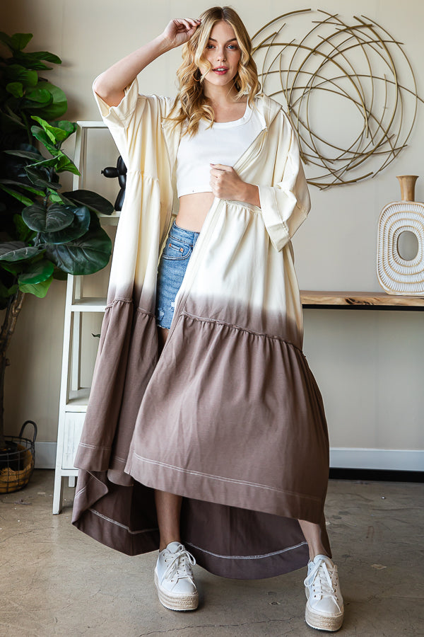 DIP DYE SHORT SLEEVE HOODED ZIP UP LONG CARDIGAN