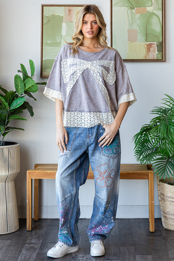 WASHED RIBBON PATCHWORK SHORT SLEEVE OVERSIZED TOP