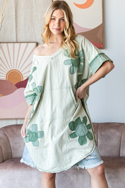 WASHED FLOWER PATCHWORK WIDE NECK TUNIC TOP