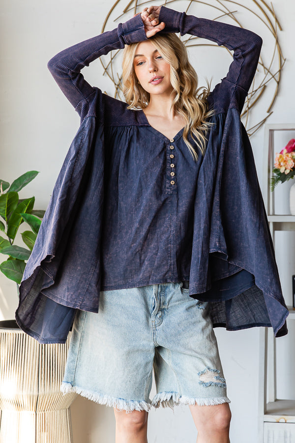 WASHED PLEATED DETAIL LONG SLEEVE FLARE TUNIC TOP