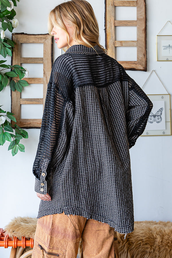 WASHED MIX MEDIA LONG SLEEVE FRAYED HEM SHIRT