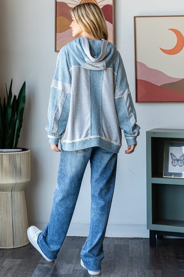 CONTRAST PATCHWORK DRAWSTRING HOODED TOP