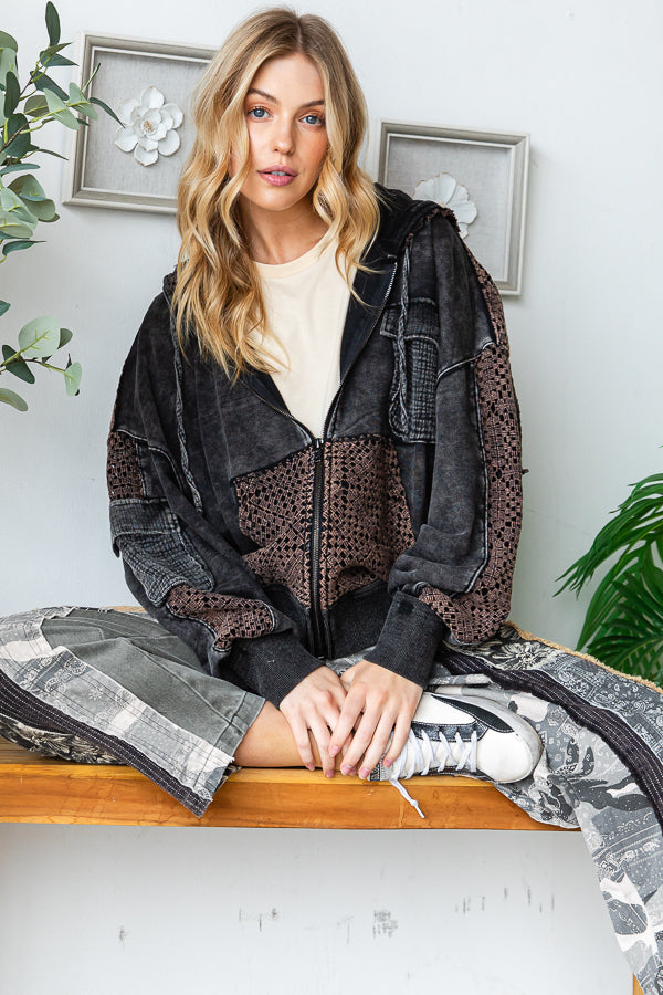 WASHED BACK TWIST DETAIL HOODED ZIP UP JACKET