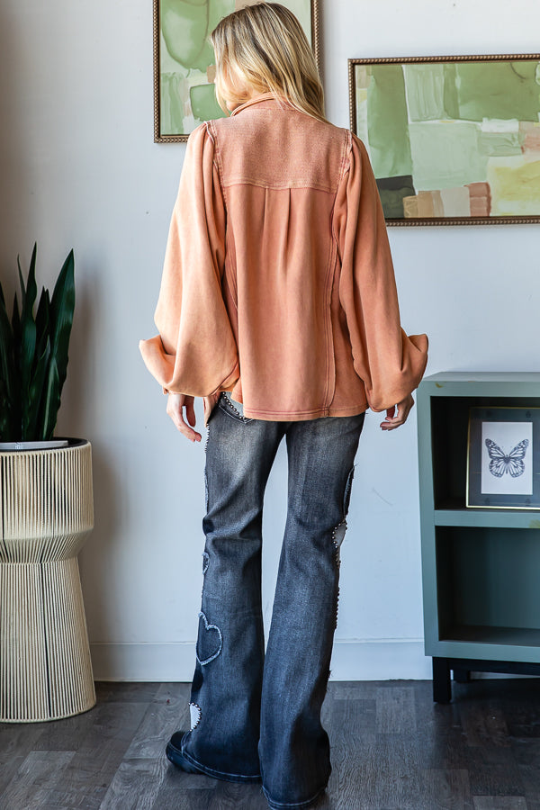 WASHED BALLOON SLEEVE BUTTON FRONT SHIRT JACKET