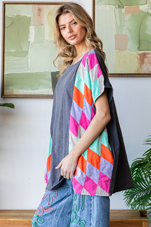 WASHED MULTICOLOR GEO PATCHWORK OVERSIZED TOP