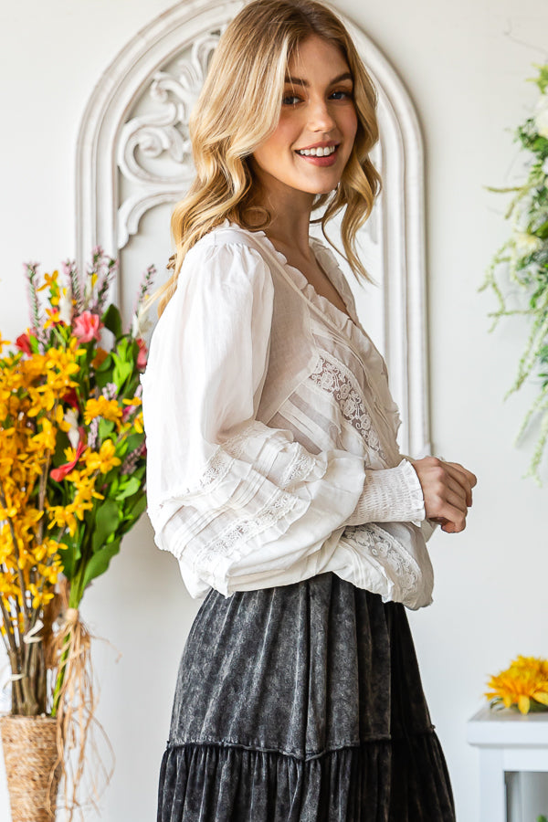 V NECK CROP WRAP SMOCKED CUFFS LONG SLEEVE BLOUSE