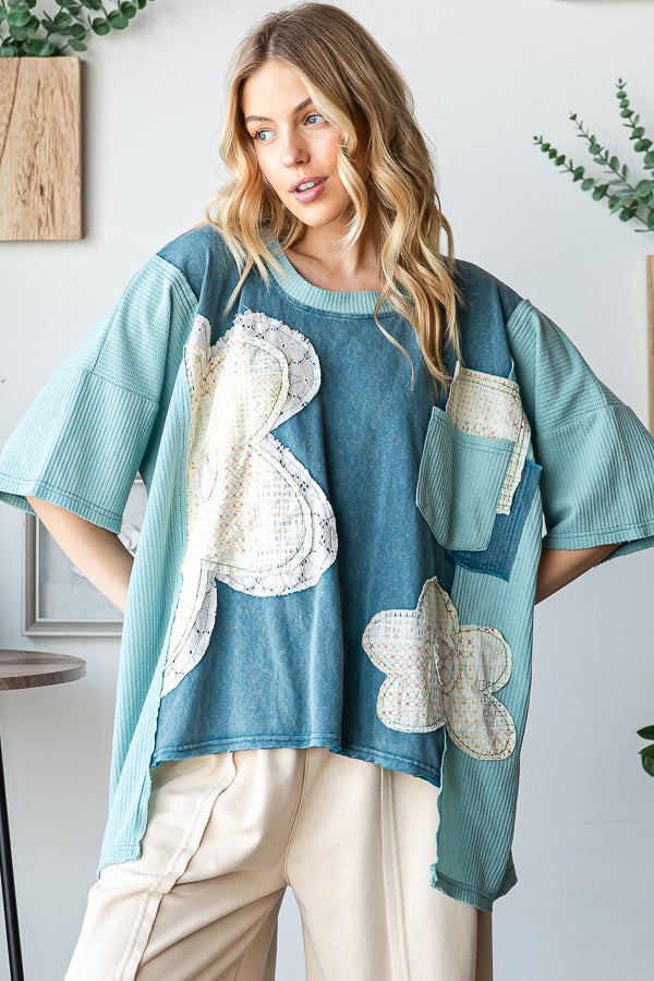 WASHED FLOWER PATCHWORK SHORT SLEEVE TOP