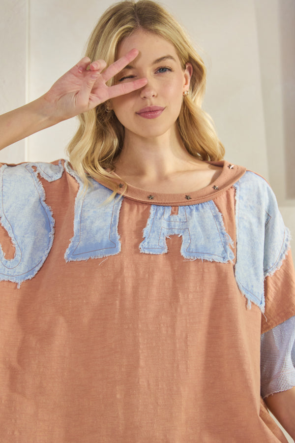 WASHED STAR PATCHWORK FINSH NET CONTRAST KNIT TOP