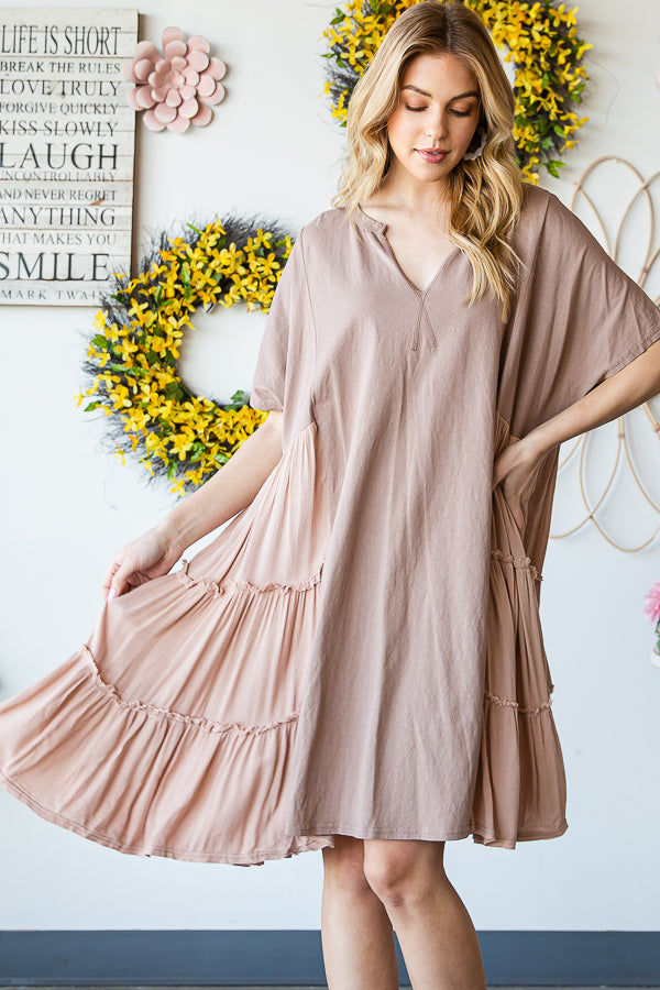 WASHED MIX MEDIA V NECK TIERED HEM FLARE DRESS