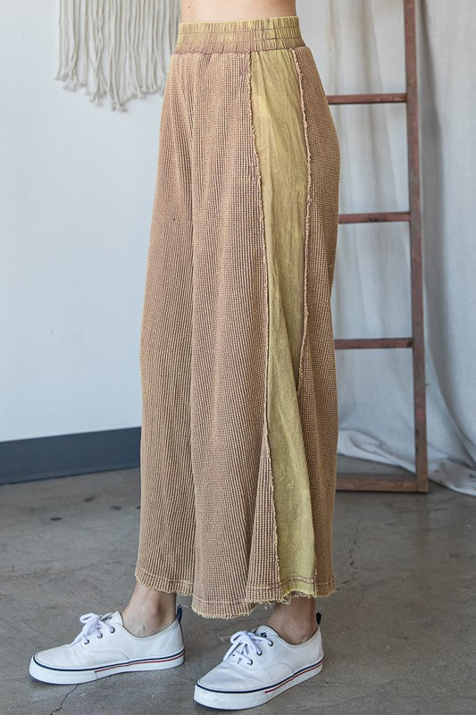 WASHED ELASTIC WAIST BAND WIDE LEG CROPPED PANTS